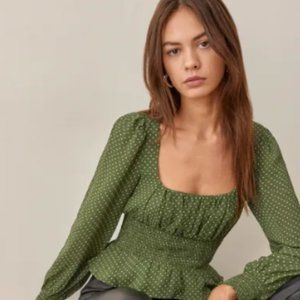 NWOT REFORMATION Hearth Green Polka Dot Smocked Waist Top